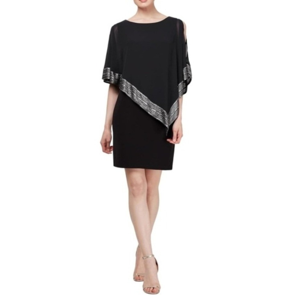 SLNY Navy Blue Silver Trim Chiffon Cape Sheath Dress SL111176 Size 16 NEW $109